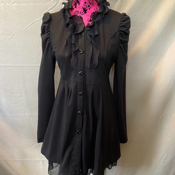 Jacket Black Ruffles Pleated Shear Bottom Dress Coat - Picture 6 of 13